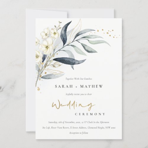 Blue Green Gold Leafy Botanical Floral Wedding Invitation