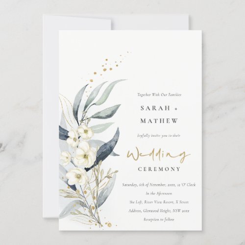 Blue Green Gold Leafy Botanical Floral Wedding Invitation