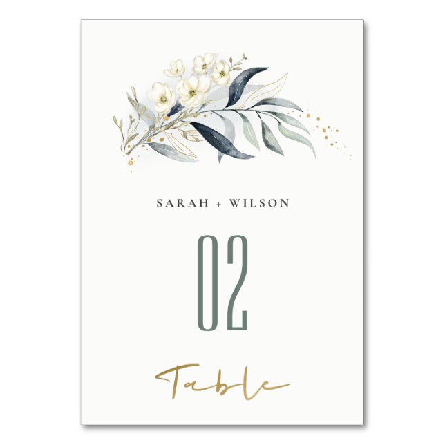 Blue Green Gold Leafy Botanical Floral Wedding Table Number (Front)