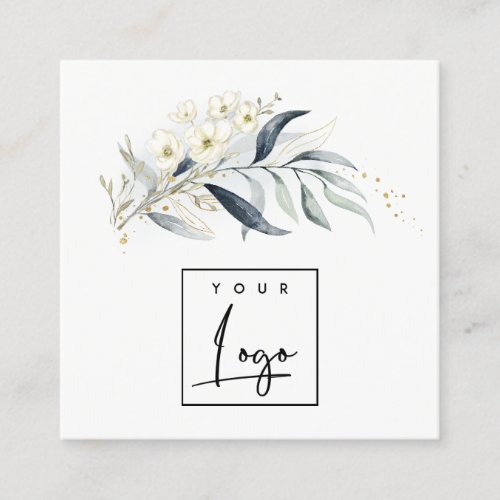 Blue Green Gold Leafy Botanical Floral Your Logo Square Business Card