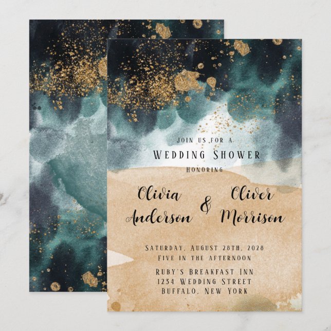Blue Green Gold Paint Agate Beach Wedding Shower Invitation (Front/Back)