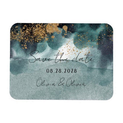 Blue Green Gold Paint Agate Wedding Save The Date Magnet