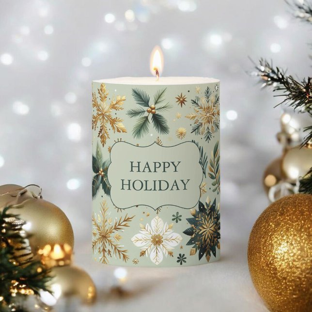 Blue Green Gold Snowflake Holiday Pine Leaves Boho Pillar Candle (Creator Uploaded)