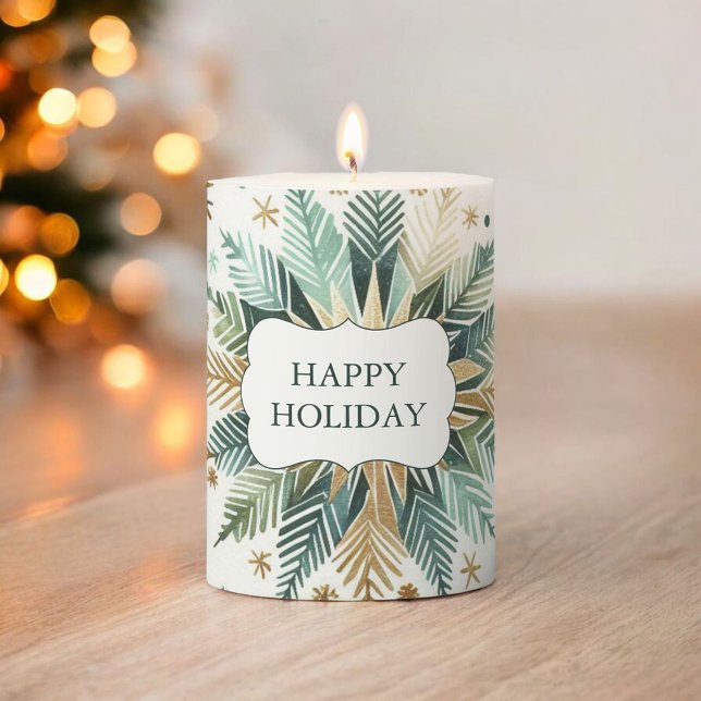 Blue Green Gold Snowflake Holiday Pine Leaves Boho Pillar Candle (Creator Uploaded)
