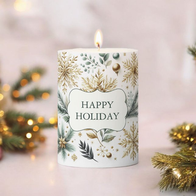 Blue Green Gold Snowflake Holiday Pine Leaves Boho Pillar Candle (Creator Uploaded)