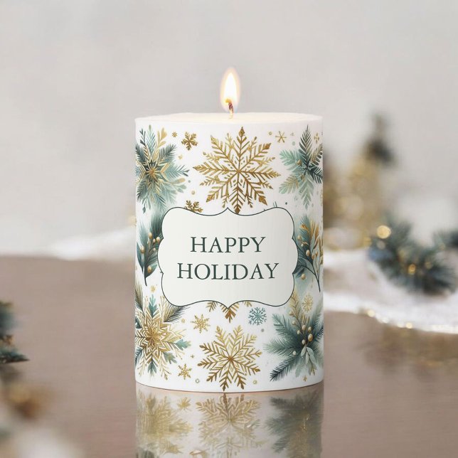 Blue Green Gold Snowflake Holiday Pine Leaves Boho Pillar Candle (Creator Uploaded)