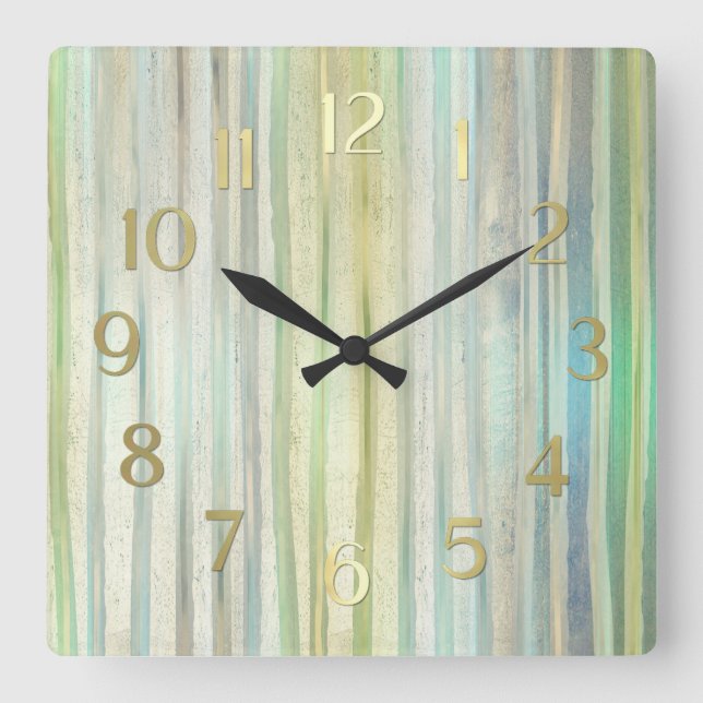Blue Green Gold Stripes Square Wall Clock (Front)