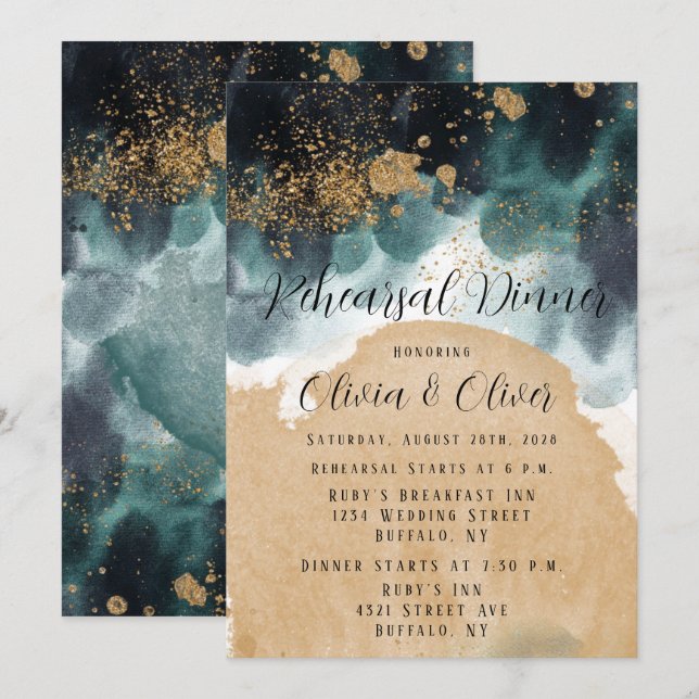 Blue Green Gold Watercolor Agate Rehearsal Dinner Invitation (Front/Back)