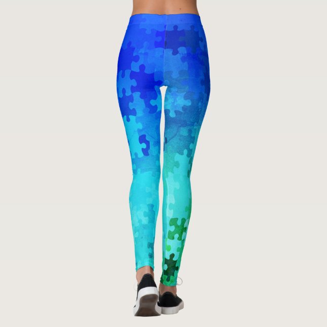 Blue-Green Gradient Puzzle Pieces Leggings (Back)