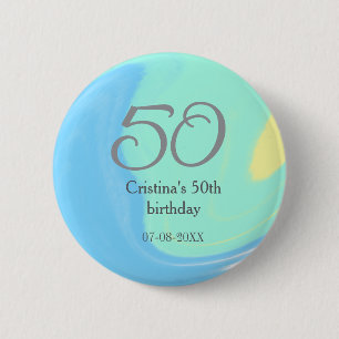 Blue green gray 50th birthday add name date retro button