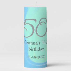 Blue green gray 50th birthday add name date retro pillar candle