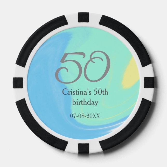 Blue green gray 50th birthday add name date retro poker chips (Front)