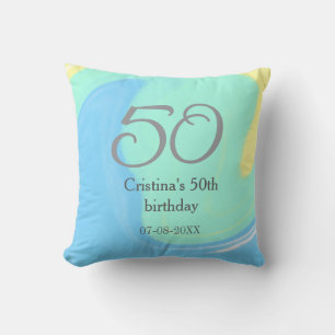 Blue green gray 50th birthday add name date retro throw pillow
