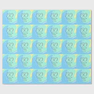 Blue green gray 50th birthday add name date retro wrapping paper