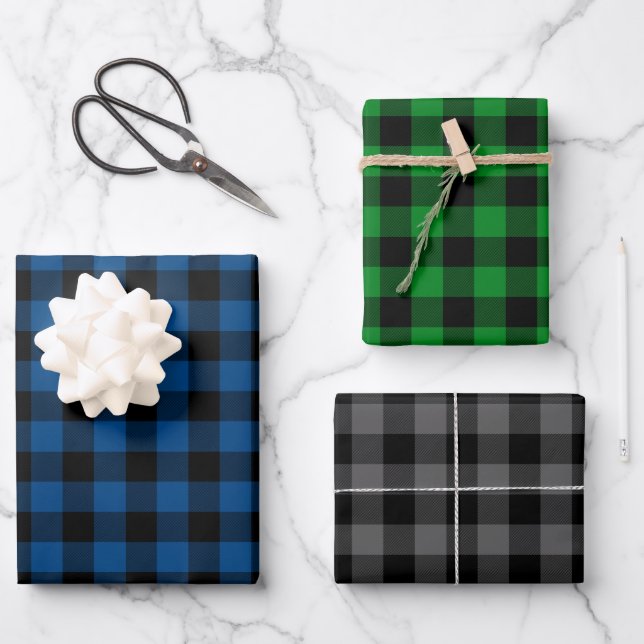 Blue Green & Gray Buffalo Plaid Wrapping Paper Sheets (Front)