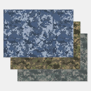 Blue, Green & Green 3 Pixel Camo Camouflage Wrapping Paper Sheets
