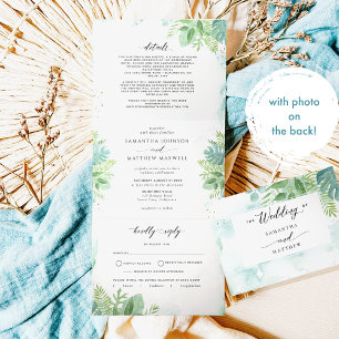 Blue Green Greenery with RSVP, Photo Wedding Tri-Fold Invitation