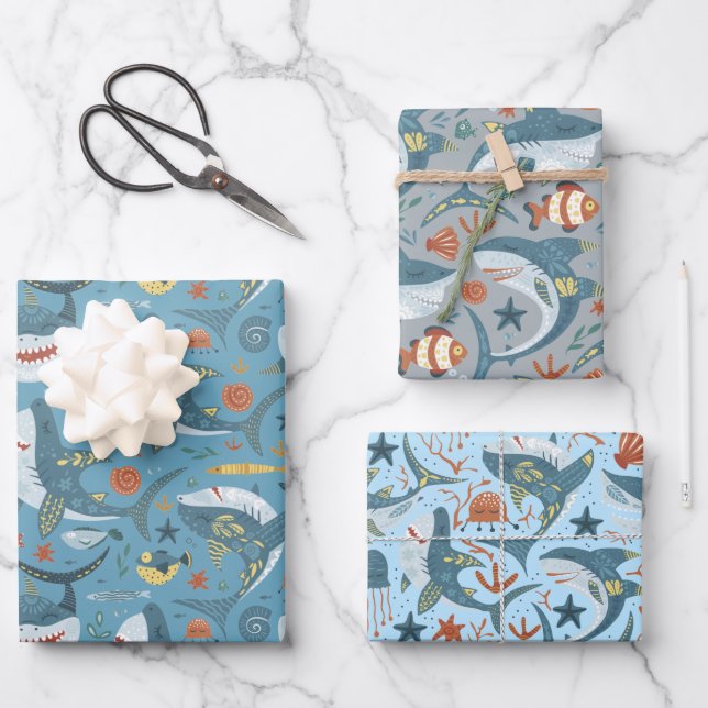 Blue Green Grey Sharks Boys Birthday Party Wrapping Paper Sheets (Front)