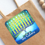 Blue Green Hanukkah Menorah Add Your Name Script Square Sticker<br><div class="desc">A close-up photo of a bright, colorful, blue artsy menorah photo helps you usher in the holiday of Hanukkah. Feel the warmth and joy of the holiday season whenever you use this stunning, colorful Hanukkah sticker. Matching cards, stamps, tote bags, serving trays, and other products are available in my “hanukkahworks”...</div>