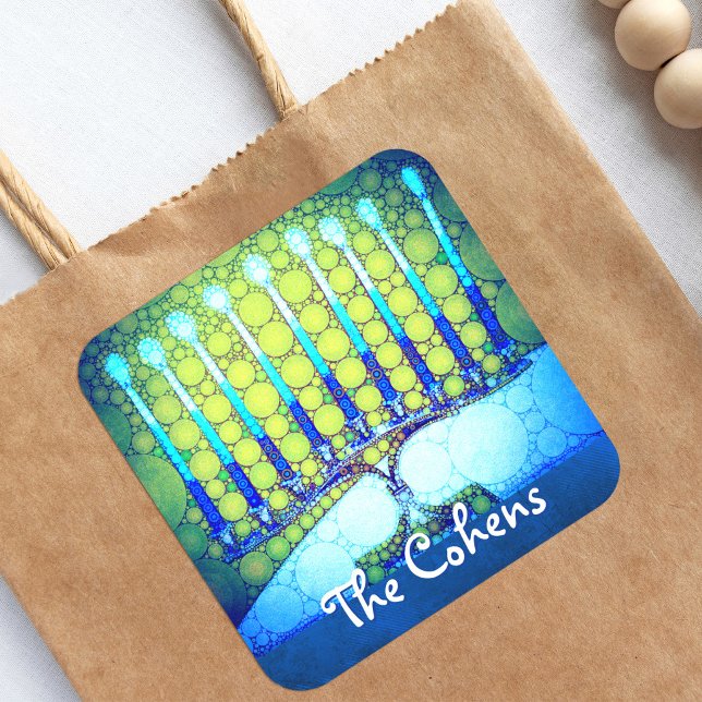 Blue Green Hanukkah Menorah Add Your Name Script Square Sticker (Creator Uploaded)