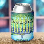 Blue Green Hanukkah Menorah Peace Love Light Artsy Can Cooler<br><div class="desc">“Peace love and light.” Add extra sparkle to the holiday season with this colorful, custom Hanukkah can cooler! A playful, artsy illustration of blue menorah candles with colorful faux foil patterns and modern typography overlay a turquoise gradient to white textured background. Personalize with your name. Feel the warmth and joy...</div>