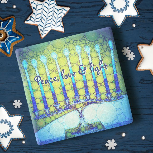 Blue Green Hanukkah Menorah Peace Love Light Bold Stone Coaster (Creator Uploaded)