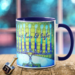 Blue Green Hanukkah Menorah Peace Love Light Quote Mug