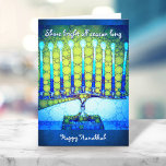 Blue Green Hanukkah Menorah Shine Bright Custom Holiday Card<br><div class="desc">“Shine bright all season long. Happy Hanukkah.” A close-up photo illustration of a bright, colorful, teal blue green artsy menorah helps you usher in the holiday of Hanukkah. Feel the warmth and joy of the holiday season whenever you send this stunning, colorful Hanukkah greeting card. On the inside, personalize with...</div>