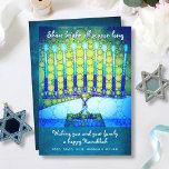 Blue Green Hanukkah Menorah Shine Bright Script Holiday Card<br><div class="desc">“Shine bright all season long.” A close-up photo illustration of a bright, colorful, blue artsy menorah helps you usher in the holiday of Hanukkah. Feel the warmth and joy of the holiday season whenever you send this stunning, colorful Hanukkah flat greeting card. Matching envelopes, stickers, tote bags, wrapping paper, serving...</div>