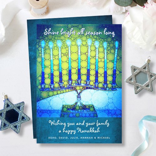 Blue Green Hanukkah Menorah Shine Bright Script Holiday Card