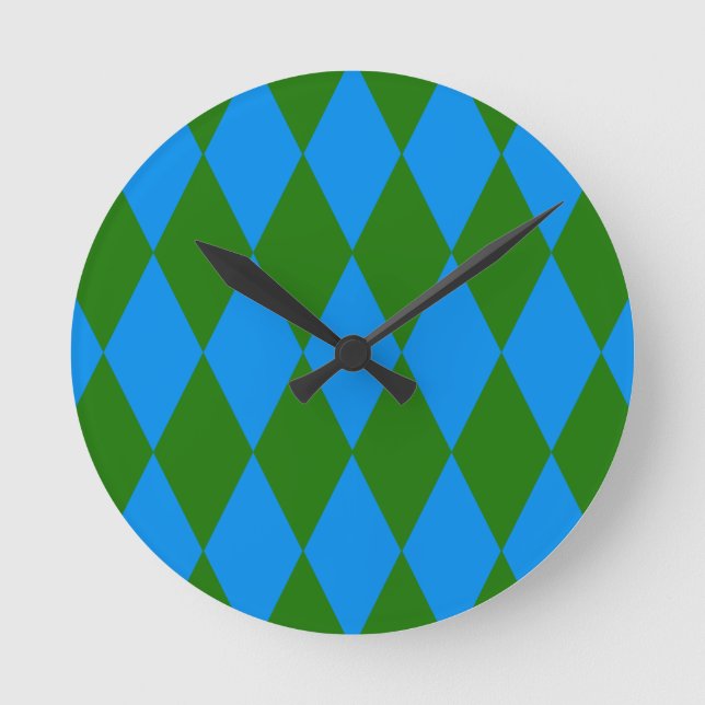 Blue Green Harlequin Checkered Design  Round Clock (Front)