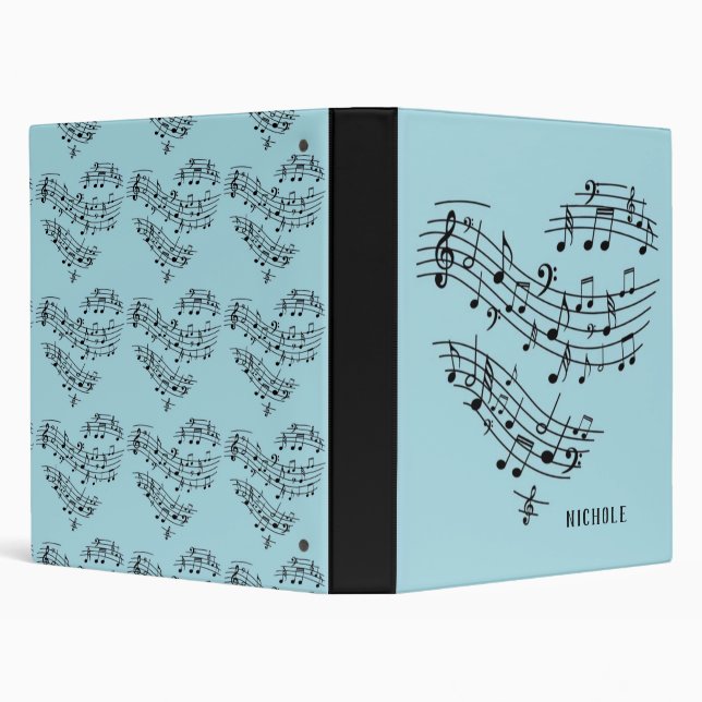 Blue Green Heart Shape Music Notes Monogram 3 Ring Binder (Background)