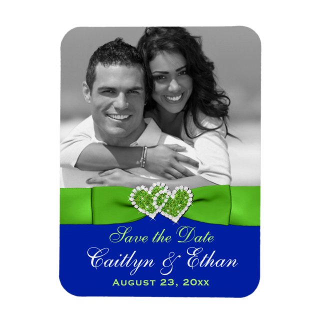 Blue, Green Hearts Save the Date Photo Magnet (Vertical)