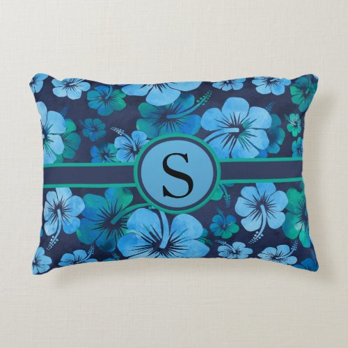 Blue Green Hibiscus Tropical Flower Monogram Accent Pillow