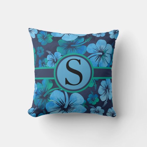 Blue Green Hibiscus Tropical Flower Monogram Throw Pillow