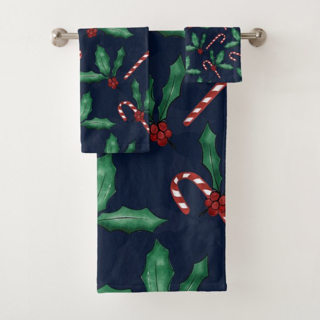 Blue Green Holly Leaves Red Berries Candy Cane Bath Towel Set (Insitu)