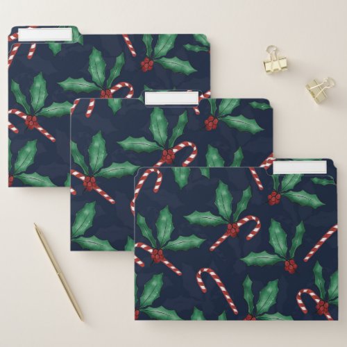 Blue Green Holly Leaves Red Berries Candy Cane File Folder
