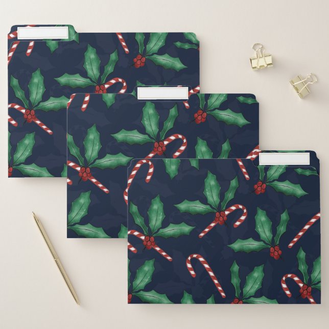 Blue Green Holly Leaves Red Berries Candy Cane File Folder (Set)