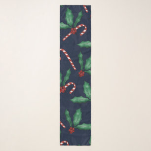 Blue Green Holly Leaves Red Berries Candy Cane Scarf