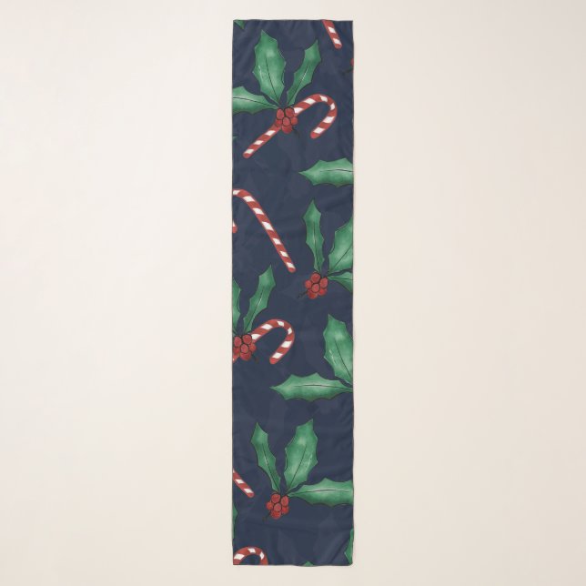Blue Green Holly Leaves Red Berries Candy Cane Scarf (Front)