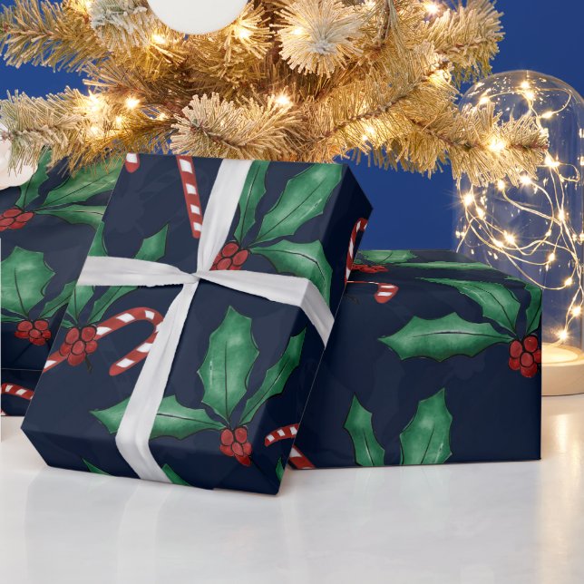 Blue Green Holly Leaves Red Berries Candy Cane Wrapping Paper (Holidays)
