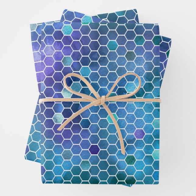 Blue Green Honeycomb Pattern Wrapping Paper Sheets (In situ)
