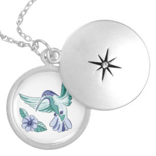 Blue & Green Hummingbird and Flower Locket Necklace