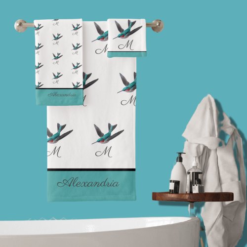 Blue Green Hummingbird watercolor Monogram initial Bath Towel Set