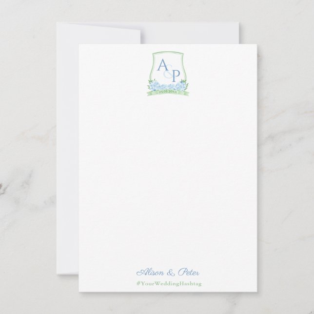 Blue Green Hydrangea Crest Wedding Welcome Note (Front)