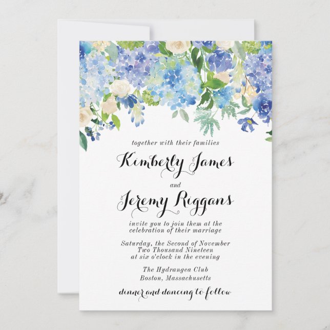 Blue Green Hydrangea Flower Wedding Invitation Car (Front)