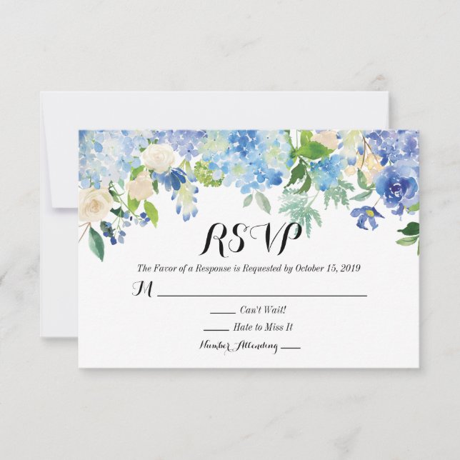 Blue Green Hydrangea Flower Wedding RSVP Card (Front)
