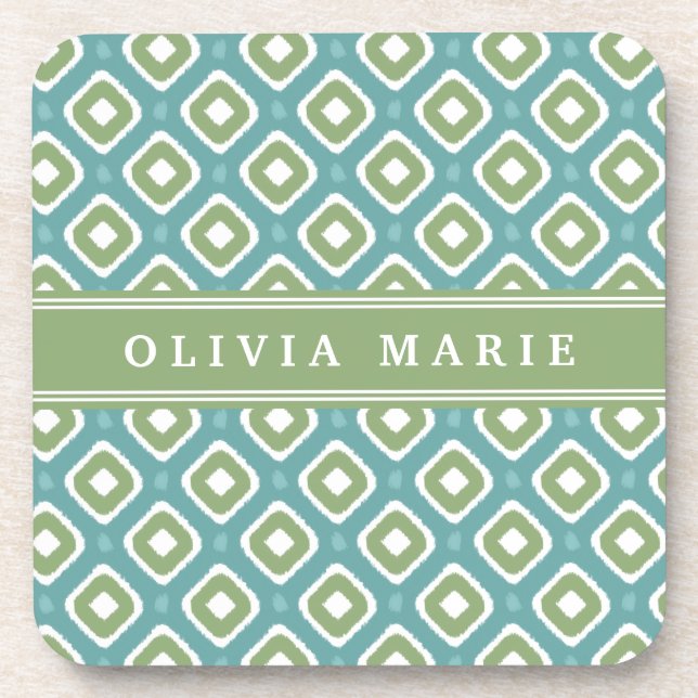 Blue Green Ikat Mod Pattern with Name Coaster (Front)