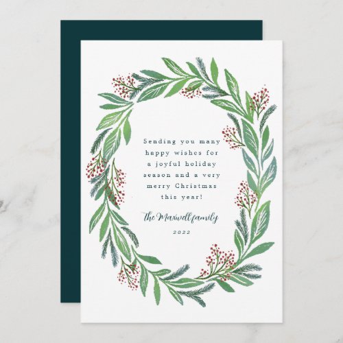 Blue Green Illustrated Floral Wreath Photo Holiday Card