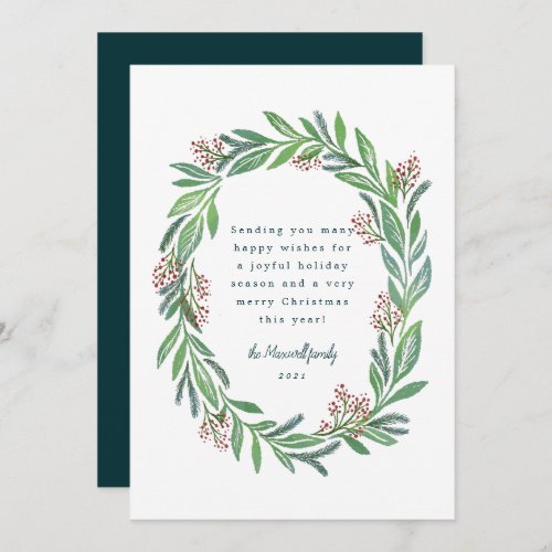 Blue Green Illustrated Floral Wreath Photo Holiday Invitation